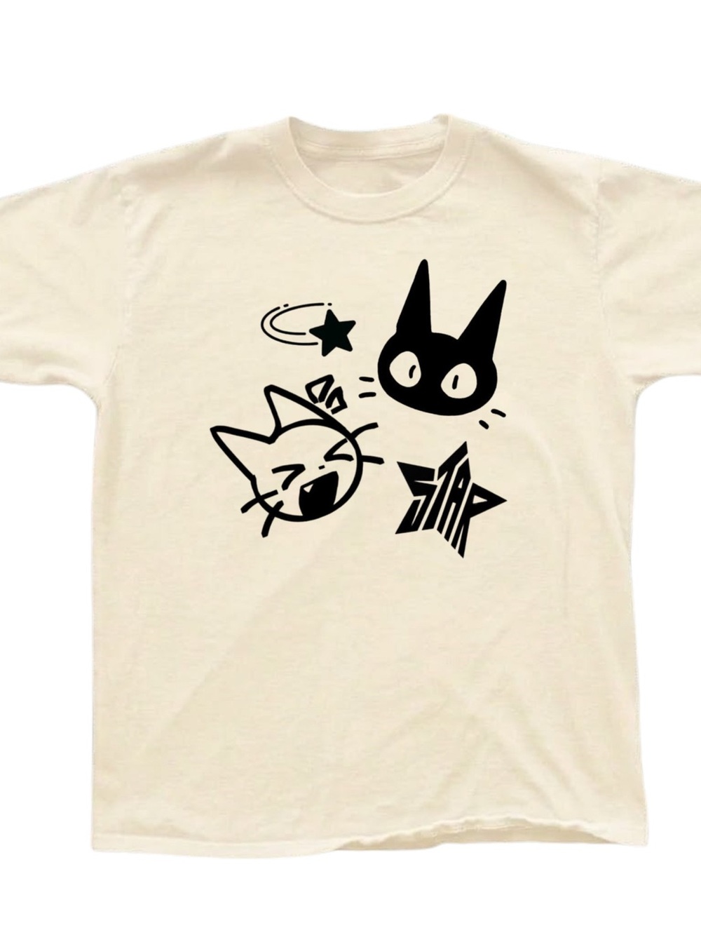 Cream Cat Graphic T-Shirt with Black Print -   Gildan